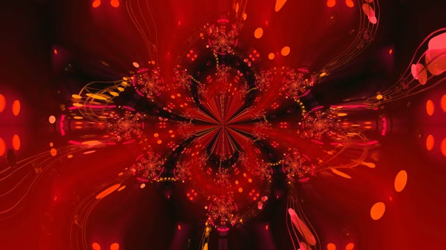Red neon tunnel with radial particle bursts 60fps mesmerizing light effects