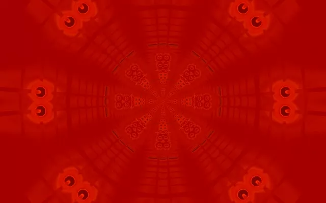 对称的红色八边形霓虹隧道，具有从中心放射的发光几何图案，创造出迷幻的VJ循环运动背景