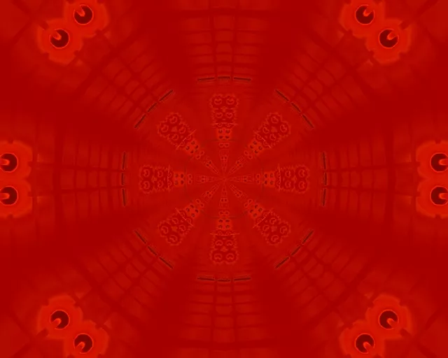 Neon tunnel octagon merah bersinar dengan pola geometris bercahaya dan kilau simetris, menciptakan loop VJ hipnosis 60fps.