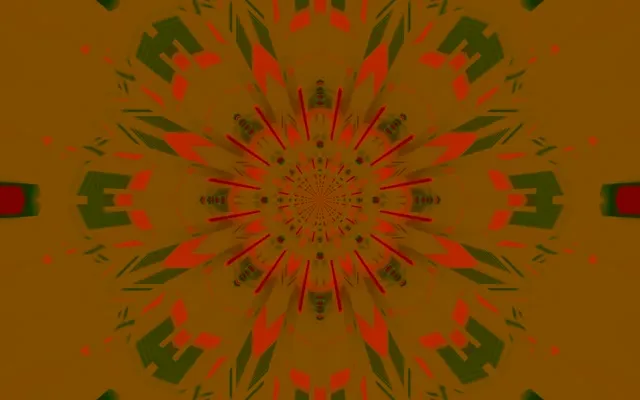 सोना और लाल रंग की सममित कैलिडोस्कोप पैटर्न, विकिरण नीयॉन लाइनें अमूर्त सुरंग भंवर VJ पृष्ठभूमि बनाती हैं