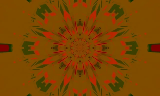 Seveda kaleidoskopski izbruh z rdečimi in zelenimi geometrijskimi listi, ki sevajo iz zlatega središča, abstraktna VJ zanka