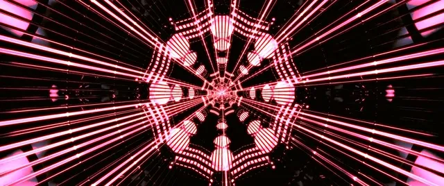 Tunnel néon rouge octogonal rayonnant avec motif géométrique en toile d'araignée spiralant vers l'intérieur, créant un effet vortex hypnotique en rayons de lumière rose et magenta, boucle VJ 4K