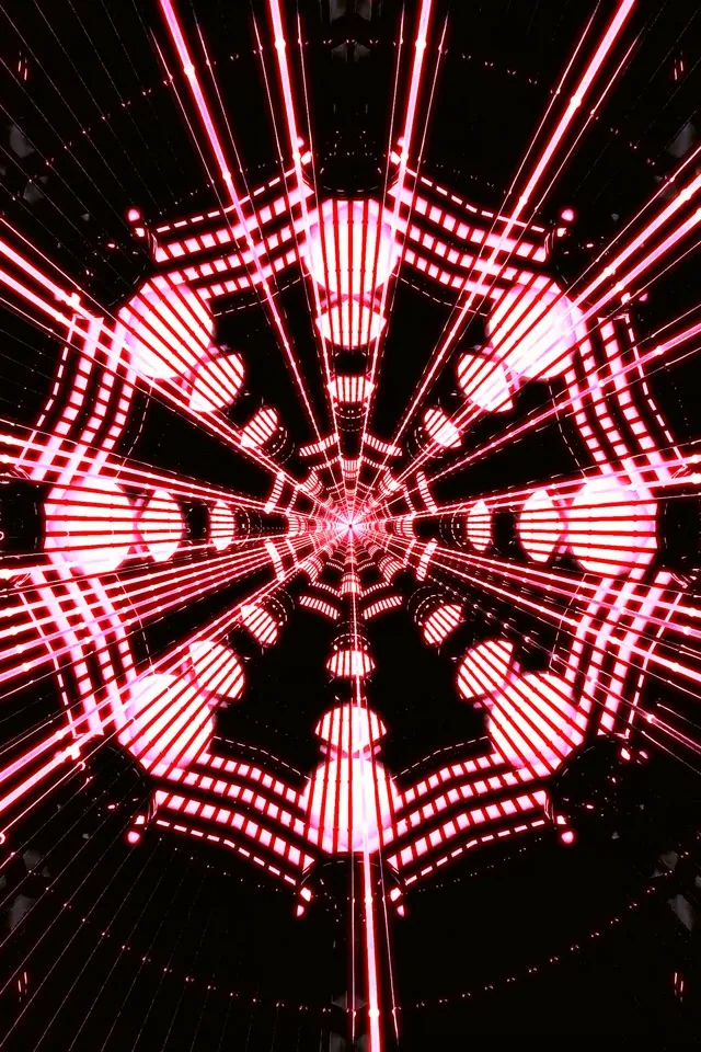 Makilalim na pula neon tunel na may simetryang sapot ng gagamba na umiikot mula sa gitna, lumilikha ng hypnotic na epekto ng pusaran. Abstract VJ Loop 60fps.