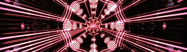 Terowong neon merah dengan corak grid radial yang menumpu, garis merah jambu bercahaya pada latar belakang hitam, gelung VJ grafik gerak abstrak