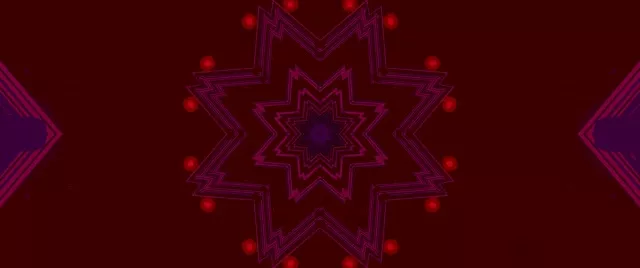 Kaléidoscope d'étoile néon rouge et violet avec points lumineux, tunnel géométrique symétrique, fond VJ loop abstrait 4K