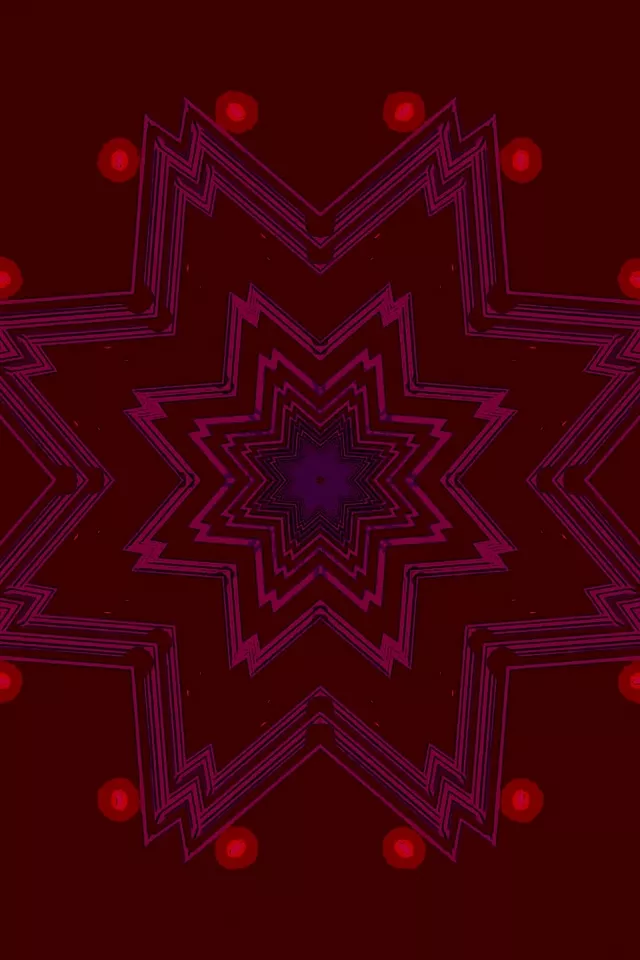 Simetrikong kaleidoscope pattern ng neon magenta star na may konsentrikong geometric chevron at nagniningning na pulang sphere, abstract VJ loop