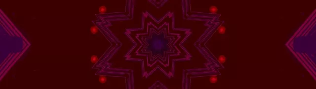 Pola kaleidoskop bintang neon merah, sfera bercahaya memancar dari pusat, terowong geometri ungu dengan kedalaman simetri, gelung VJ latar belakang bergerak