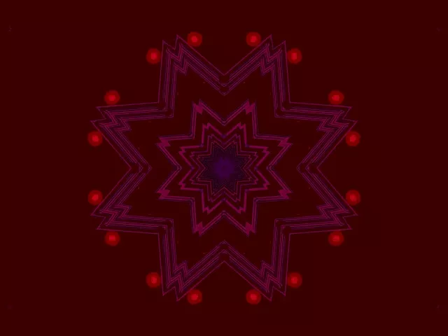 Gorri distiratsuen esferak patroi simetrikoan NeNurako zantzo morea kontsentrikoen inguruan kaleidoskopiko tunelaren turbinatzea sortuz, VJ looparen abstraktua atzealeko gorri ilunetik