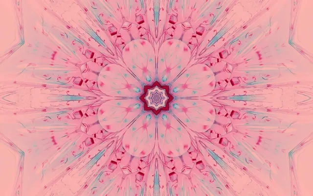 Mandala kaleidoskop neon merah jambu bersinar dengan corak geometri simetri memancar dari pusat bercahaya, gelung VJ abstrak 4K