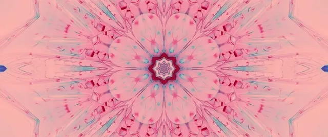 Mandala kaleidoskopio arrosa dirdira duen leherketa neon geometrikoen ereduekin, VJ begiaren simetrikoa atzeko planoa 4K 60fps