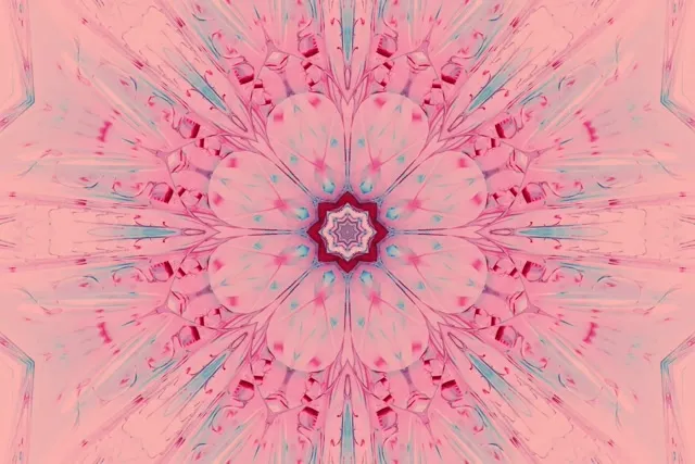 Růžový kaleidoskopický neonový tunel se zářivými symetrickými vzory, zářící purpurové a tyrkysové detaily, abstraktní 4K VJ smyčka pohyblivé pozadí