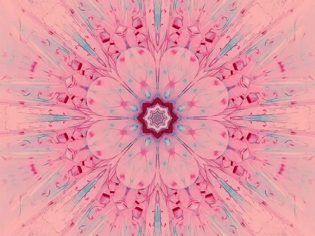 Symmetrisk pink-magenta mandala med stråleformede geometriske mønstre, neon blå accenter og karminrød center, der skaber uendelig neon-tunnel VJ-effekt