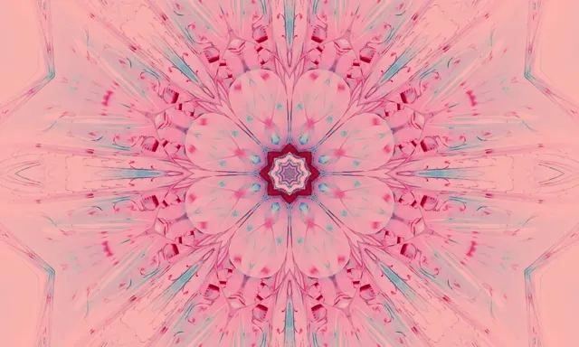 对称粉色霓虹万花筒图案从中心放射，深红紫色核心、蓝色accents和复杂几何花瓣形成4K VJ循环效果