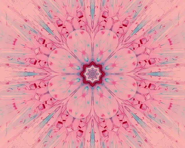 Růžová neonová mandala kaleidoskop vyzařující symetricky s tyrkysovými akcenty, vytváří abstraktní tunelovací vortex smyčku pro VJ