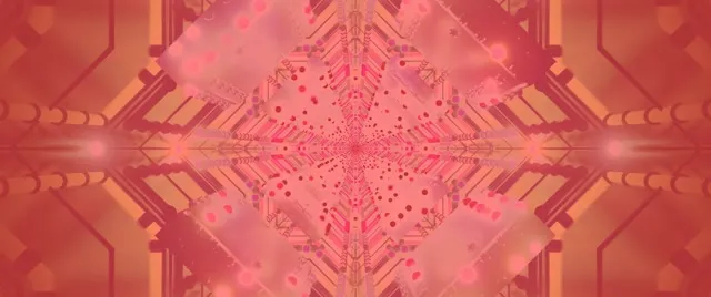 Terowongan neon pink dan oranye simetris dengan pola geometris kaleidoskop memancar dari pusat, loop VJ 4K