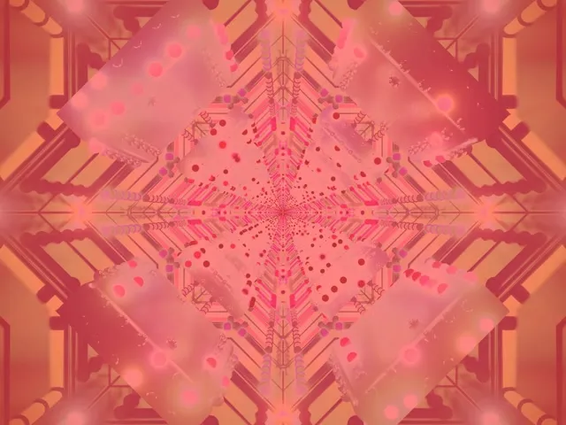 Túnel de neón rosa e laranxa con patróns de circuíto caleidoscópio simétrico, partículas luminosas e raios de luz xeométricos en loop VJ