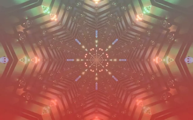 Symetrický neonový tunel s růžovým kaleidoskopickým vzorem, zářící geometrický vír ustupující do středu, 4K VJ smyčka