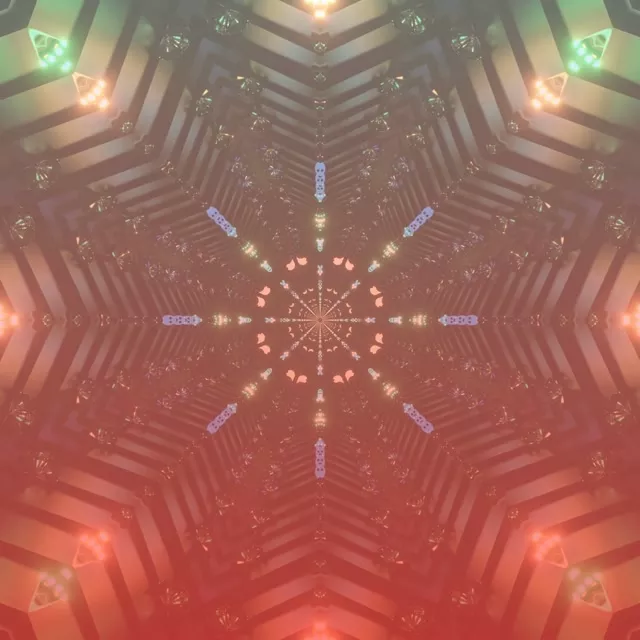 מנהרת ניאון סימטרית עם גרדיאנט ורוד-אלמוג, דפוסים גיאומטריים זוהרים מקרינים מהמרכז, לולאת VJ 60fps