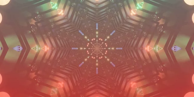 Túnel neó simètric rose i coral amb patrons geomètrics calieidoscòpics que irradien des del centre, línies de llum brillants i efectes bokeh creen perspectiva profunda del túnel en aquest VJ loop abstracte