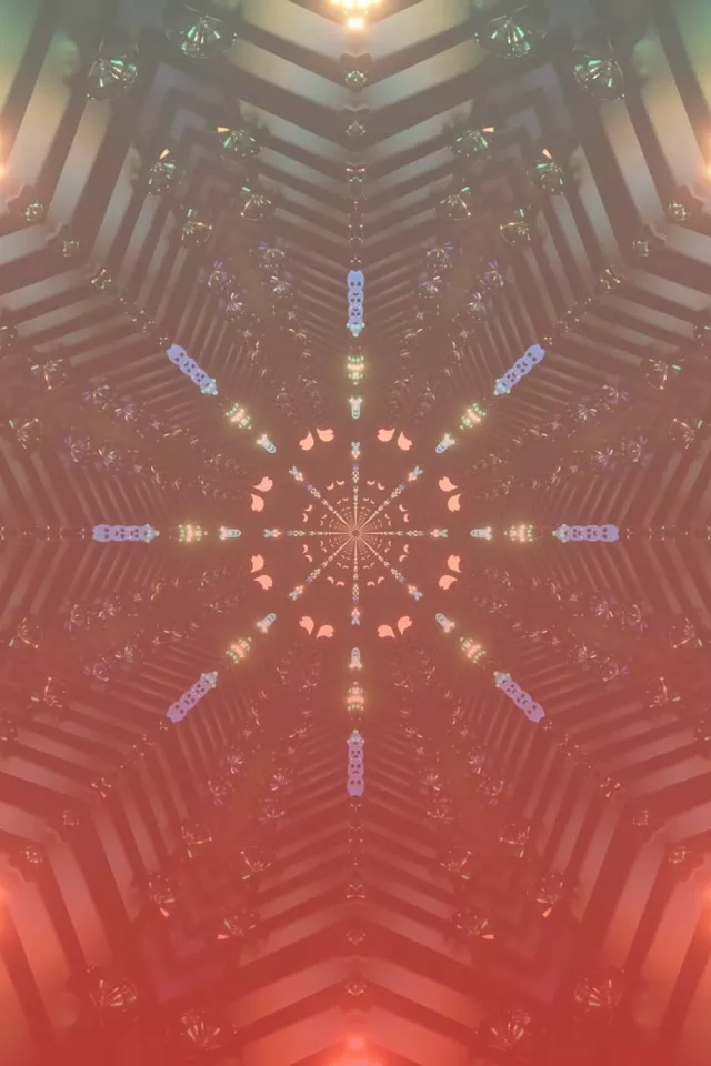 Symmetrisk rosa neontunnel med lysande blå geometriska former i kaleidoskopisk VJ-loop