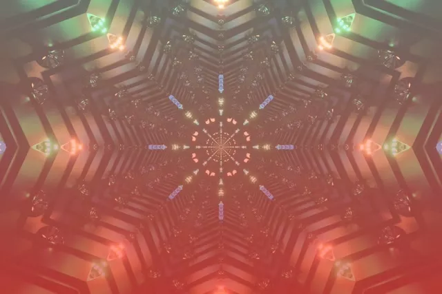 Symetrický neonový tunel se růžovým kaleidoskopem, svítící geometrické tvary vyzařující ze středu, abstraktní 4K VJ smyčka
