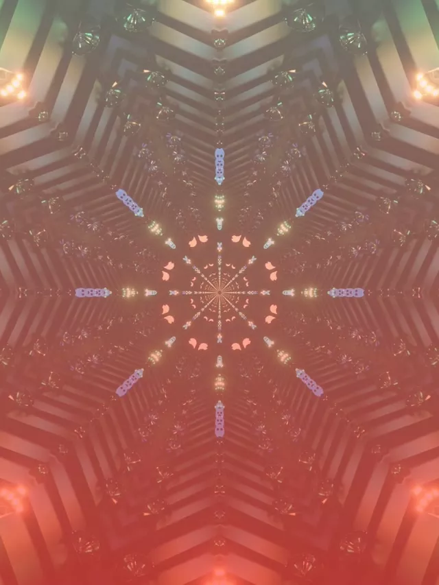 Symmetrisk lyserød neon kaleidoskop tunnel med strålende lysstråler og geometriske mønstre konvergerer mod midten og skaber en hypnotiserende 60fps VJ loop bevægelse