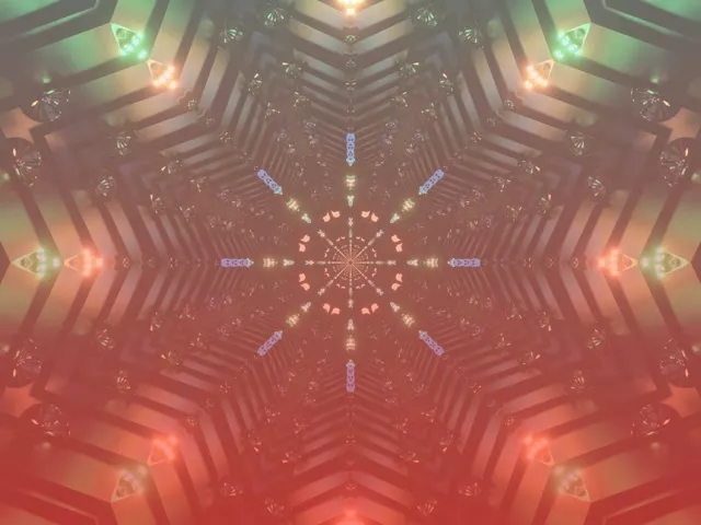 Symmetrisk neontunnel med lyserøde og orange glødende lys, der danner et kaleidoskopisk spiralvortex-mønster, 4K VJ Loop bevægelsesbagrund