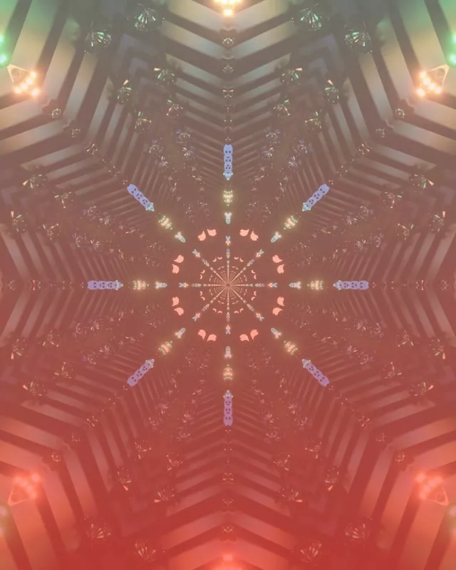 Simetrični neonski tunel s rožnato-koralnim kaleidoskopskim vzorcem, zlata in modra geometrijska svetloba ustvarja neskončno globino, VJ zanka 60fps