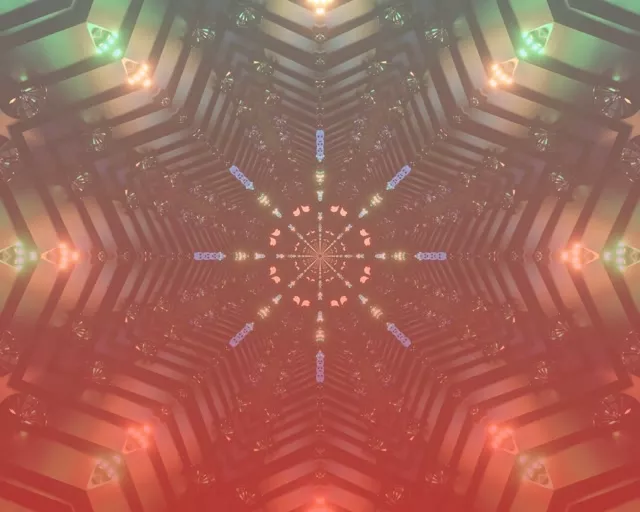 Symetrický růžový a zlatý neonový tunel kaleidoskopu s geometrickými vzory a zářícími světly, abstraktní VJ smyčka v pohybu