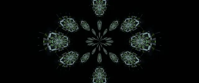 Symetryczny zielony neonowy tunel kalejdoskopu fraktalnego z promieniującymi wzorami geometrycznymi, abstrakcyjna pętla VJ