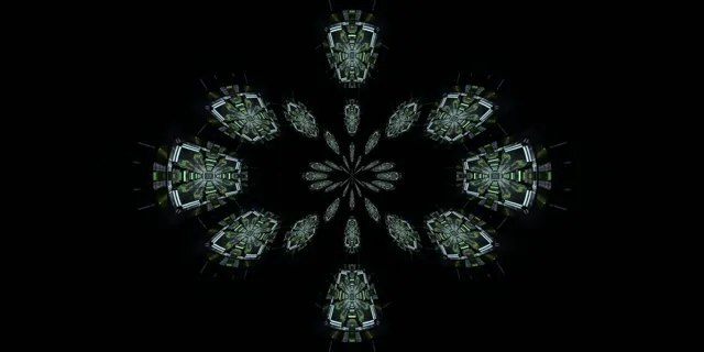 Симетричен зелен неонов калейдоскоп със светещи форми, подобни на схеми, излъчващи се от центъра, абстрактна техническа VJ loop анимация на черен фон