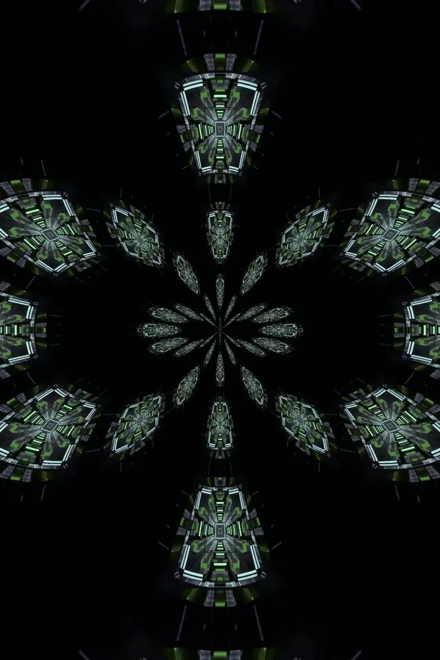 কেন্দ্র থেকে বিকিরিত হওয়া সবুজ এবং সাদা জ্যামিতিক আকৃতি সহ প্রতিসম নিয়ন টানেল, ক্যালিডোস্কোপিক sci-fi ঘূর্ণি তৈরি করছে। 60fps VJ লুপ।