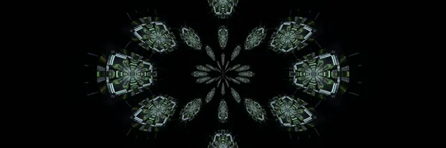 Symmetrisch groen neon fractaal kaleidoscoop patroon dat van het centrum uitstraalt, creëerend een oneindig tunnel-effect met gloeiende geometrische vormen op zwarte achtergrond