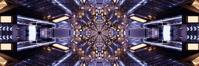 Terowongan neon simetris dengan pola kaleidoskop fraktal biru dan emas, loop VJ abstrak dengan efek cahaya geometris cermin