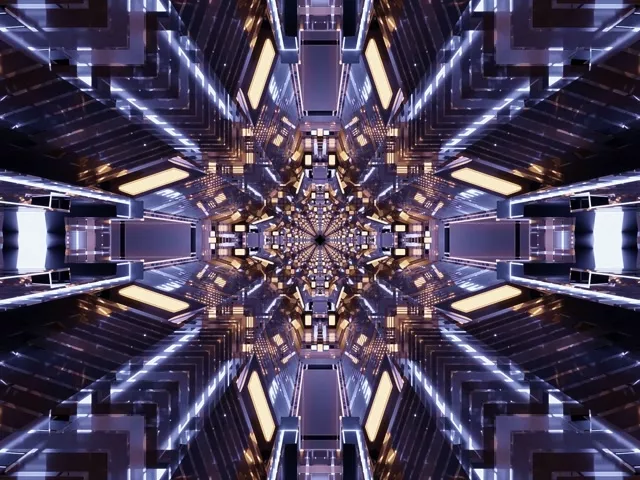 Symmetrisk neon-tuntunnel kaleidoskop med gyldne og blå lysstråler, der udstråler fra centrum, som skaber et fortryllende stjerneskud-mønster i VJ-løkke