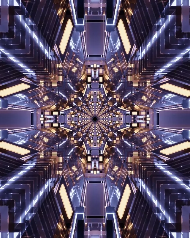 Symetryczny tunel neonowy z fioletowymi, niebieskimi i złotymi wzorami geometrycznymi w strukturze fraktalnego kalejdoskopu, świecący VJ Loop 60fps tło ruchu