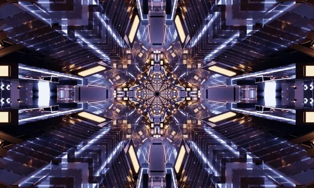 Simetrični neon tunel z modro-vijolično fraktalno kaleidoskopom, sijaj geometrijski vrtinec, 4K VJ zanka animirano ozadje