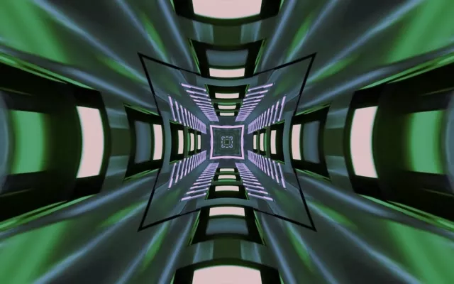 Grüner Neon-Tunnel mit rekursivem Quadrat-Vortex-Muster, das nach innen spiralt und eine hypnotische geometrische Bewegungsschleife erzeugt