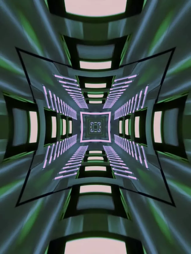 Symmetrinen neon-tunneli, jossa vihreät ja violetit hohtelevat viivat konvergoivat keskuskohti kohti neliötä äärettömässä 3D-perspektiivissä, abstrakti VJ-silmukka