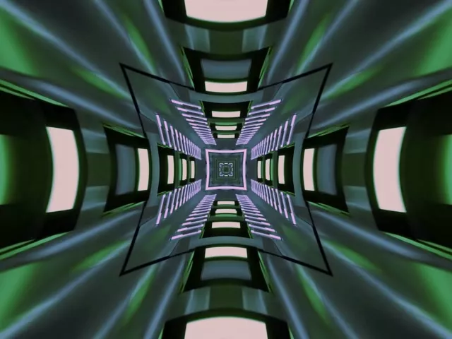 Túnel néon simétrico con cadrados verdes e rosas brillantes que converxen ao centro, creando un ciclo de vórtice infinito