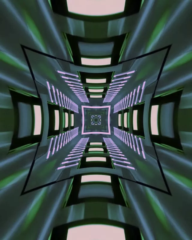 სიმეტრიული ნეონის გვირაბი მწვანე-ვარდისფერი სარკისებური კვადრატი ვორტექსი, იისფერი ნეონის ხაზი ქმნის უსასრულო სიღრმე, აბსტრაქტული VJ ციკლი