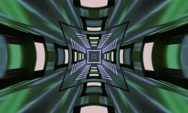 Neon tunel simetriko kaleidoskopio berdez-moraz iruditan, karratu geometrikoak saritzen dira infinitu sakonetan, VJ luza abstraktua 4K