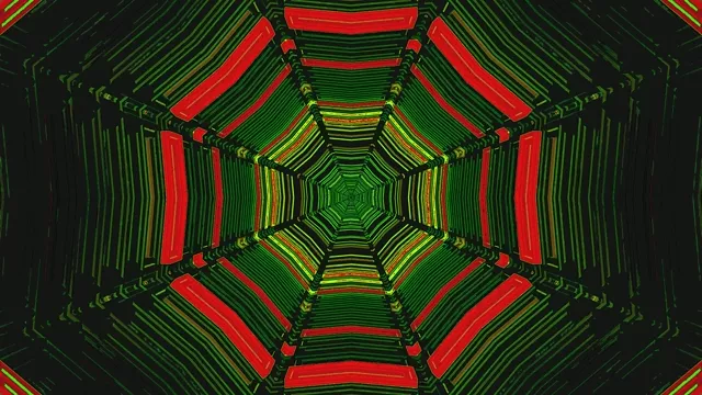 Túnel de neón brillante con marcos hexagonales verde y rojo retrocediendo en profundidad, bucle VJ 4K 60fps