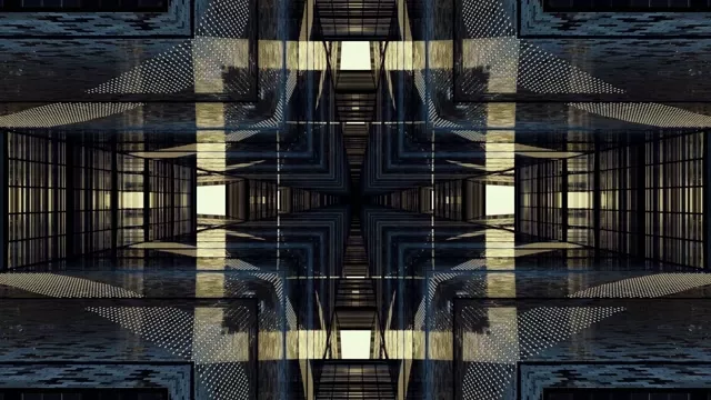 Szimmetrikus geometrikus neon alagút tükrözött sötét és arany csíkos mintákkal, hipnotikus mélységű absztrakt 4K VJ hurkot hoz létre