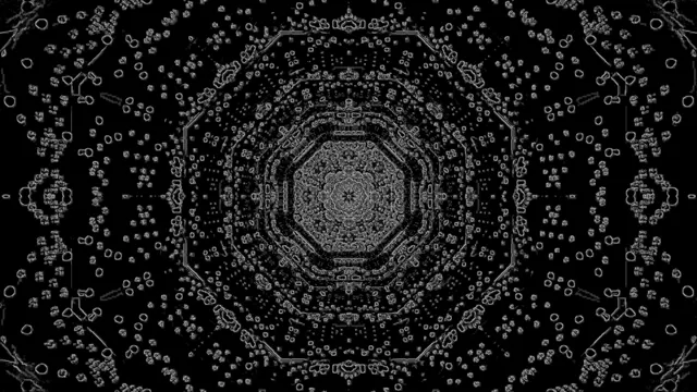 Mandala gjeometrik koncentrik me konture neon duke krijuar efekt tuneli hipnotik në zi dhe bardhë për sythe VJ 4K