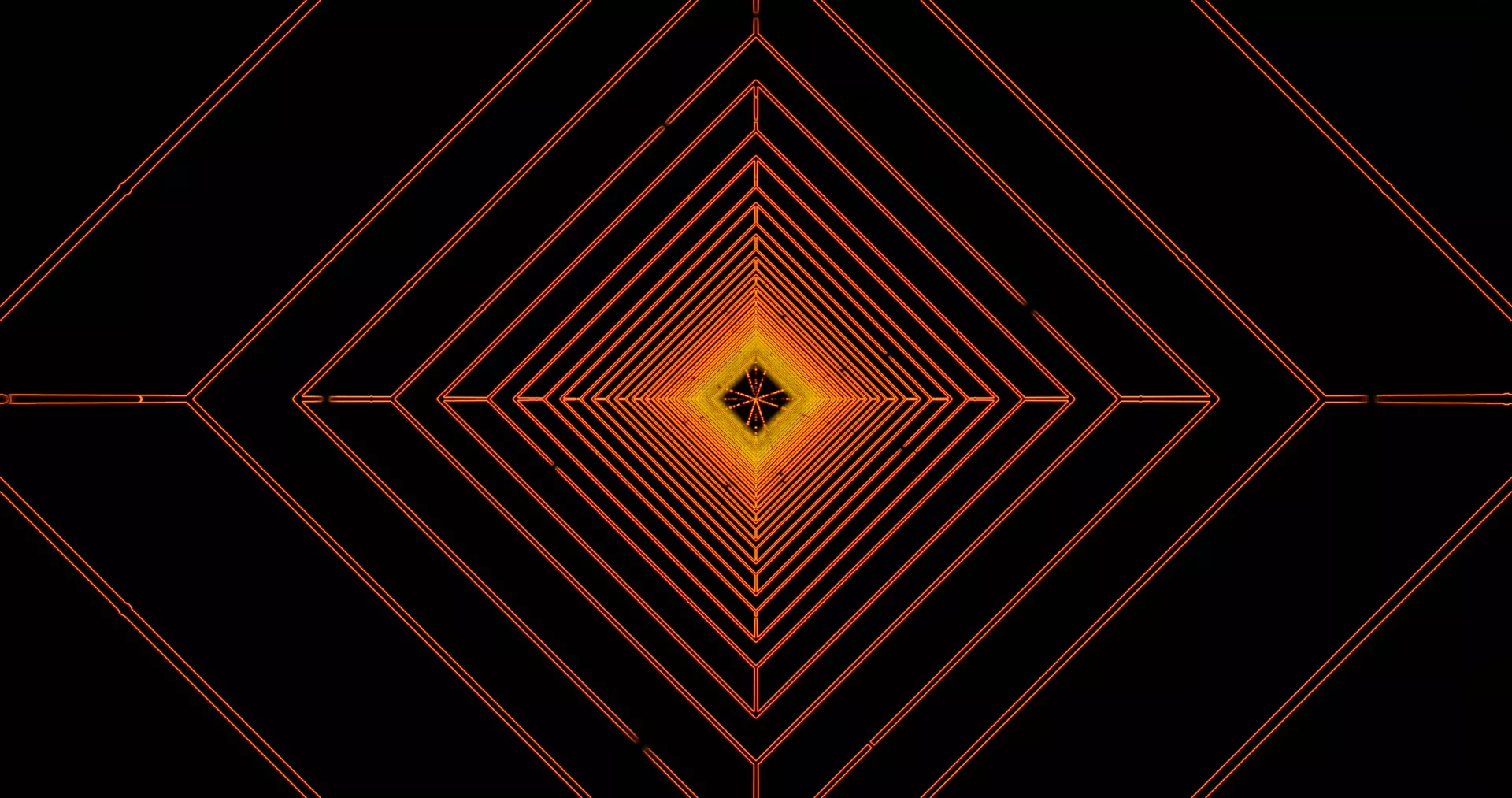 Terowong neon berlian oren dan kuning dengan bentuk geometri konsentrik berkumpul ke pusat bercahaya, menciptakan kesan terowong tak terbatas yang hipnosis untuk gelung VJ.