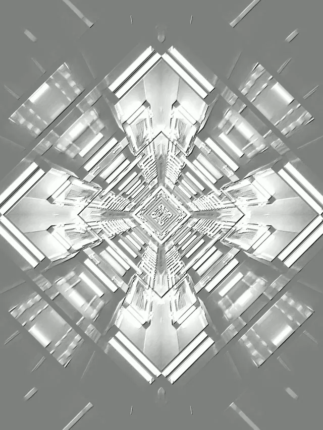 Symetryczny biały tunel neonowy z lustrzanym wzorem siatki diamentowej tworzący głęboką perspektywę, 60fps pętla VJ abstrakcyjne tło motion