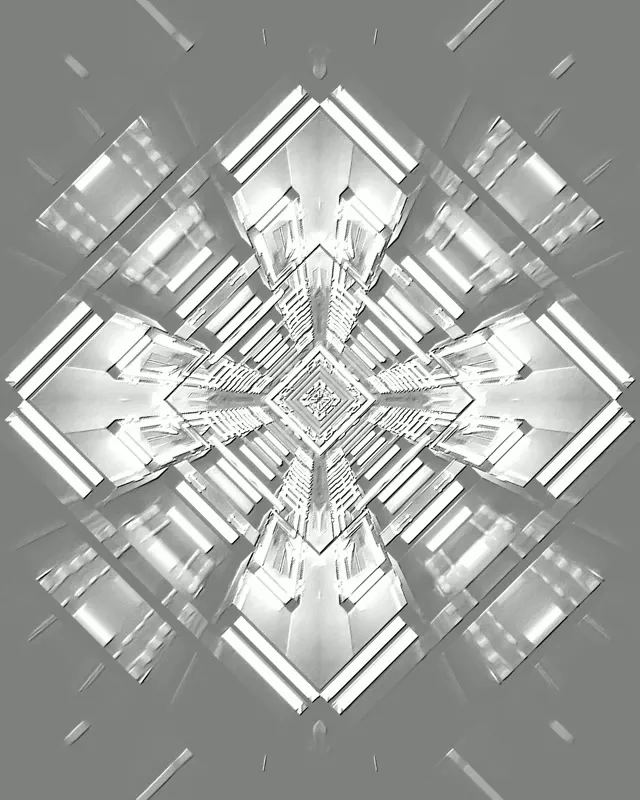 Simmetriese neontunnel met fraktale diamant-kruismotief, wit en grys geometriese vorme wat van die middel uitstraal, abstrakte VJ-lus