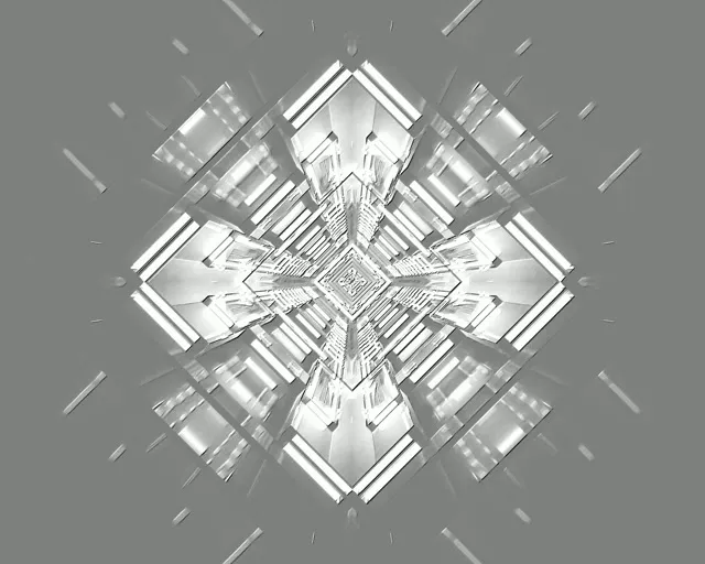 Silwer en wit neon tonnel met diamantvormige geometriese werwel wat spiraalgewys na binne roteer, wat 'n nywerheidsmäßige 3D motion graphics-lus met simmetriese metallieke patrone skep.