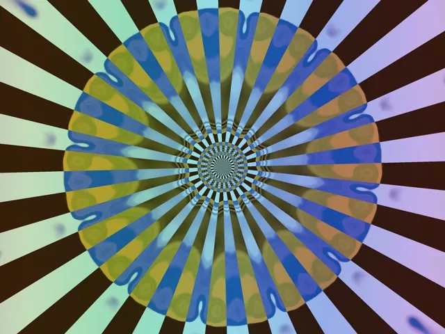 Λαμπρή σήραγγα νέον με συγκεντρικό σχέδιο περισκοπίου που σπειροειδώς κατευθύνεται προς τα μέσα, με μπλε, κίτρινες και καφέ γεωμετρικές ζώνες σε 60fps VJ loop